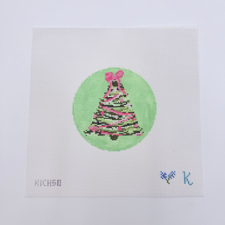 Pink Bow Tree on Green Canvas - KC Needlepoint