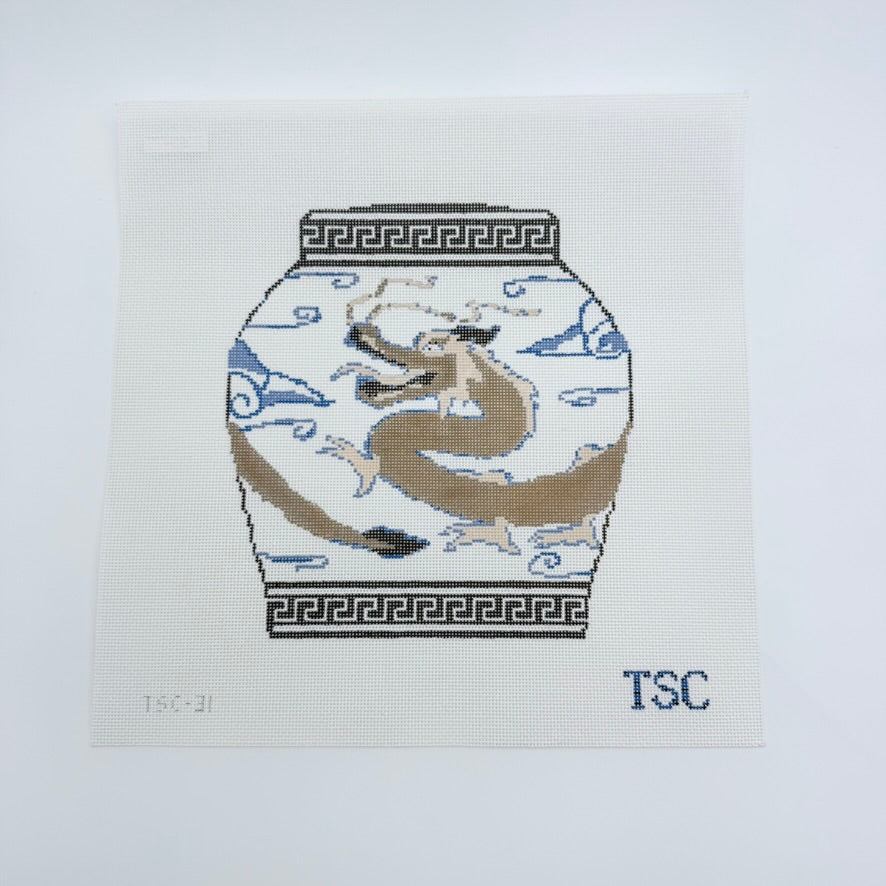 Large Brown Dragon Ginger Jar Canvas - KC Needlepoint