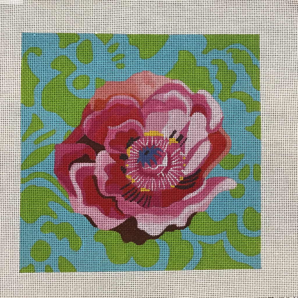 Pink Peony with Green Swirls Canvas - KC Needlepoint