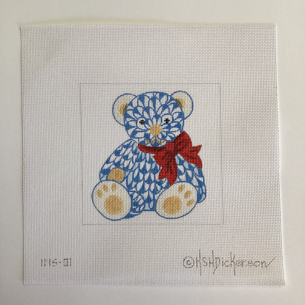 Herend Blue Bear with Red Bow Needlepoint Canvas - KC Needlepoint