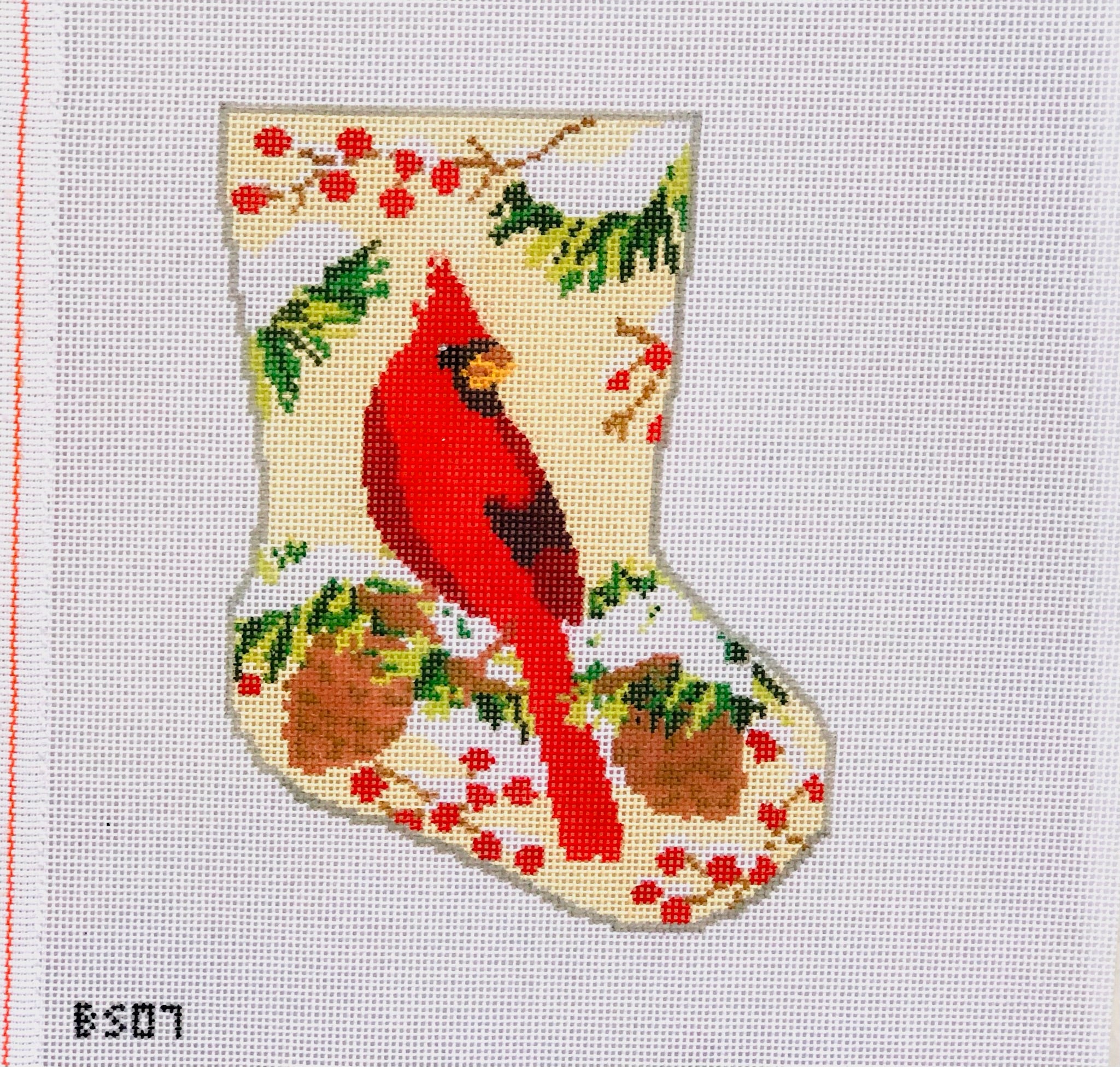 Christmas Cardinal Ornament Sized Stocking Canvas - KC Needlepoint