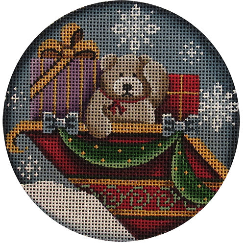 Teddy in the Sleigh Round Canvas - KC Needlepoint