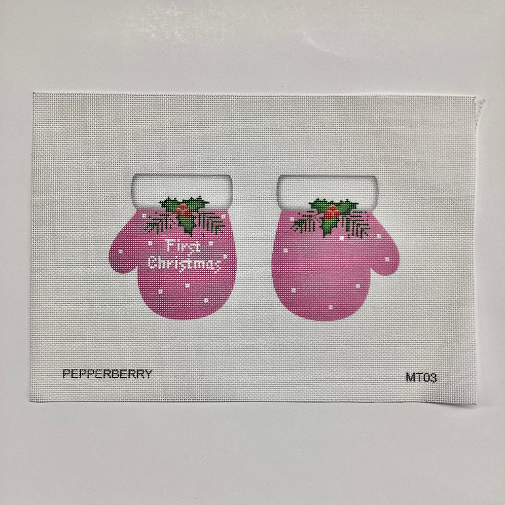 PInk First Christmas Mittens Canvas - KC Needlepoint