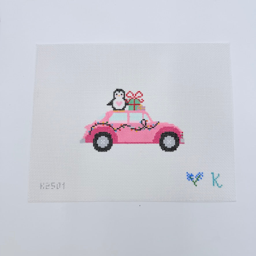 Pink Bug Car Canvas - KC Needlepoint