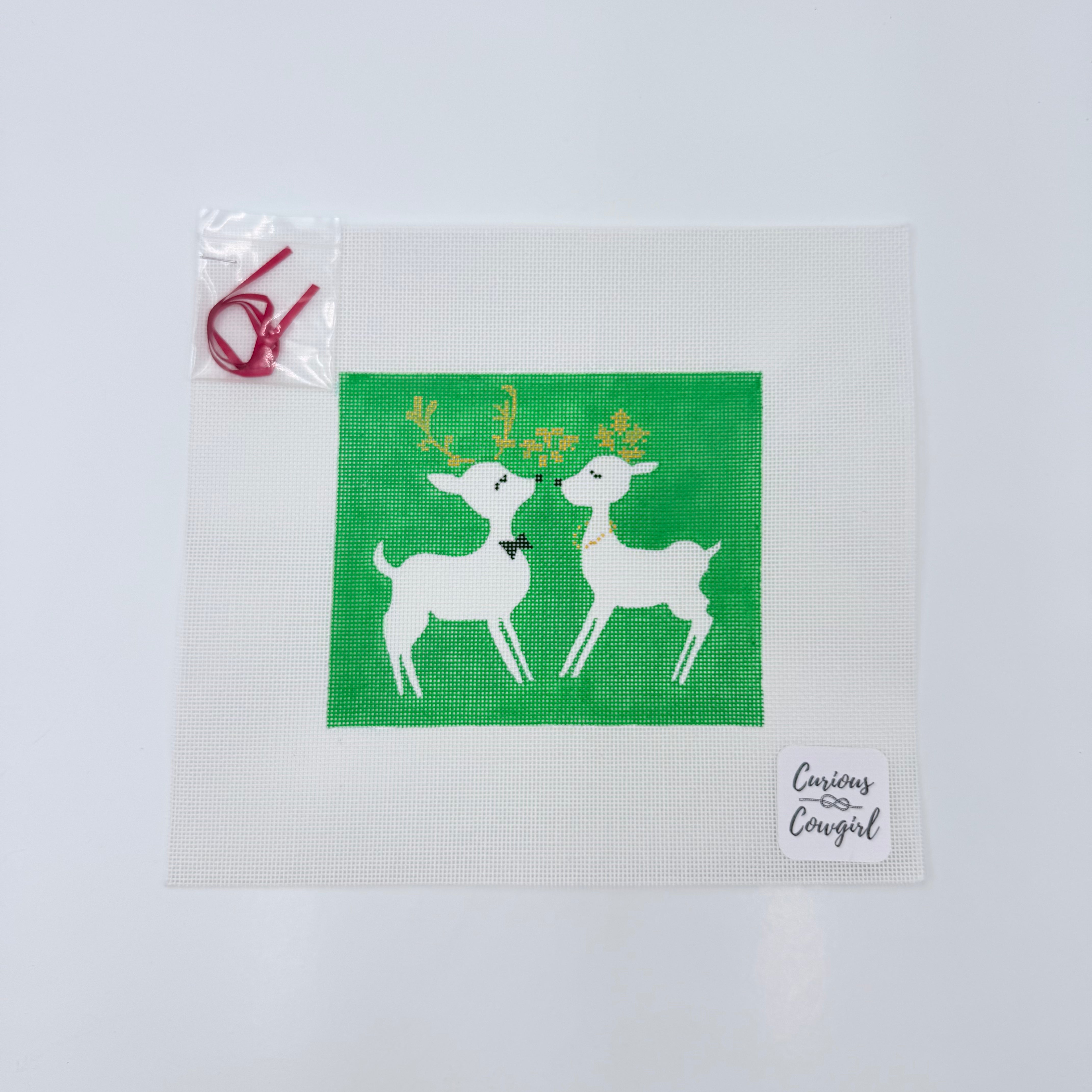 Green Kissing Reindeer Canvas - KC Needlepoint