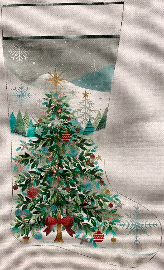 Christmas Tree with Red Bow Stocking Canvas - KC Needlepoint