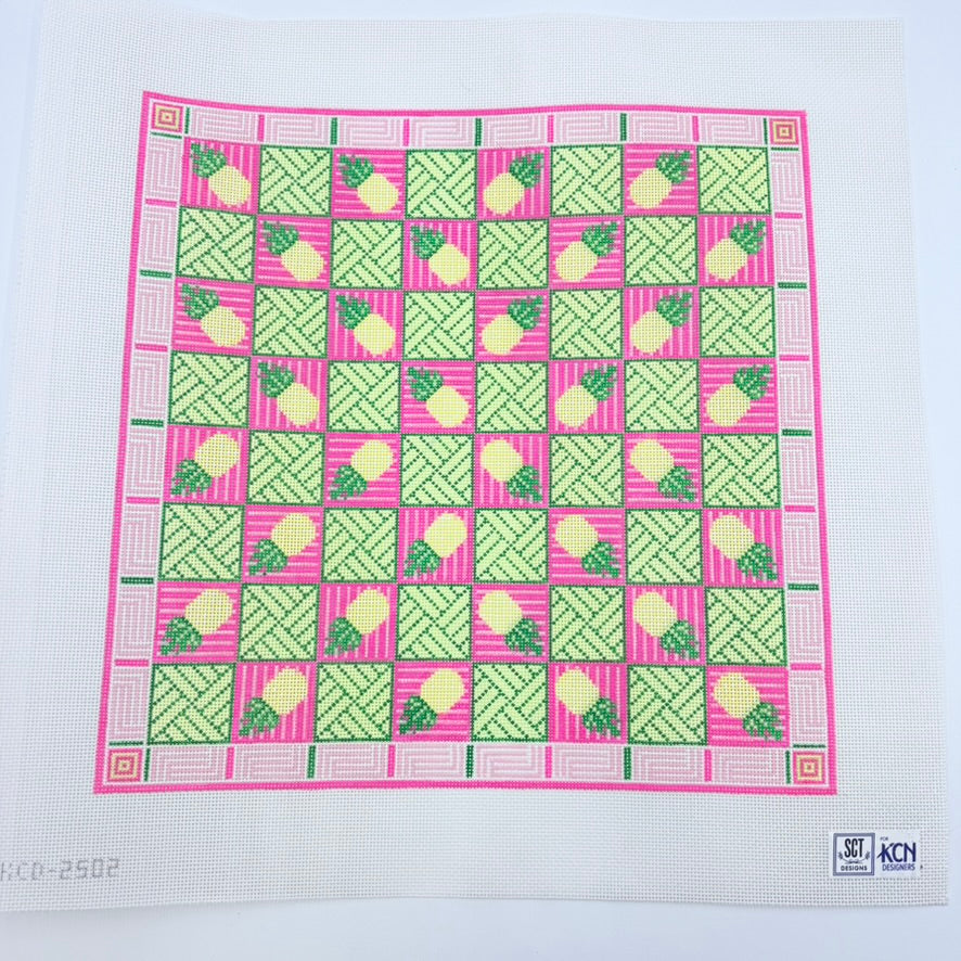 Pink and Green Pineapple Game Board Needlepoint Canvas - KC Needlepoint
