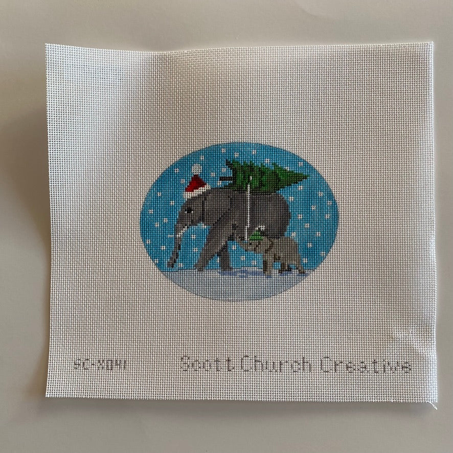 Elephants and Christmas Tree Canvas - KC Needlepoint