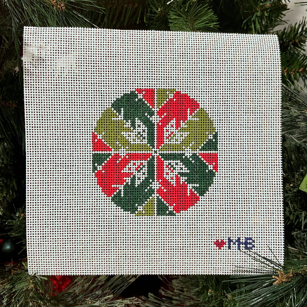 Red and Green Snowflake Round Canvas - KC Needlepoint