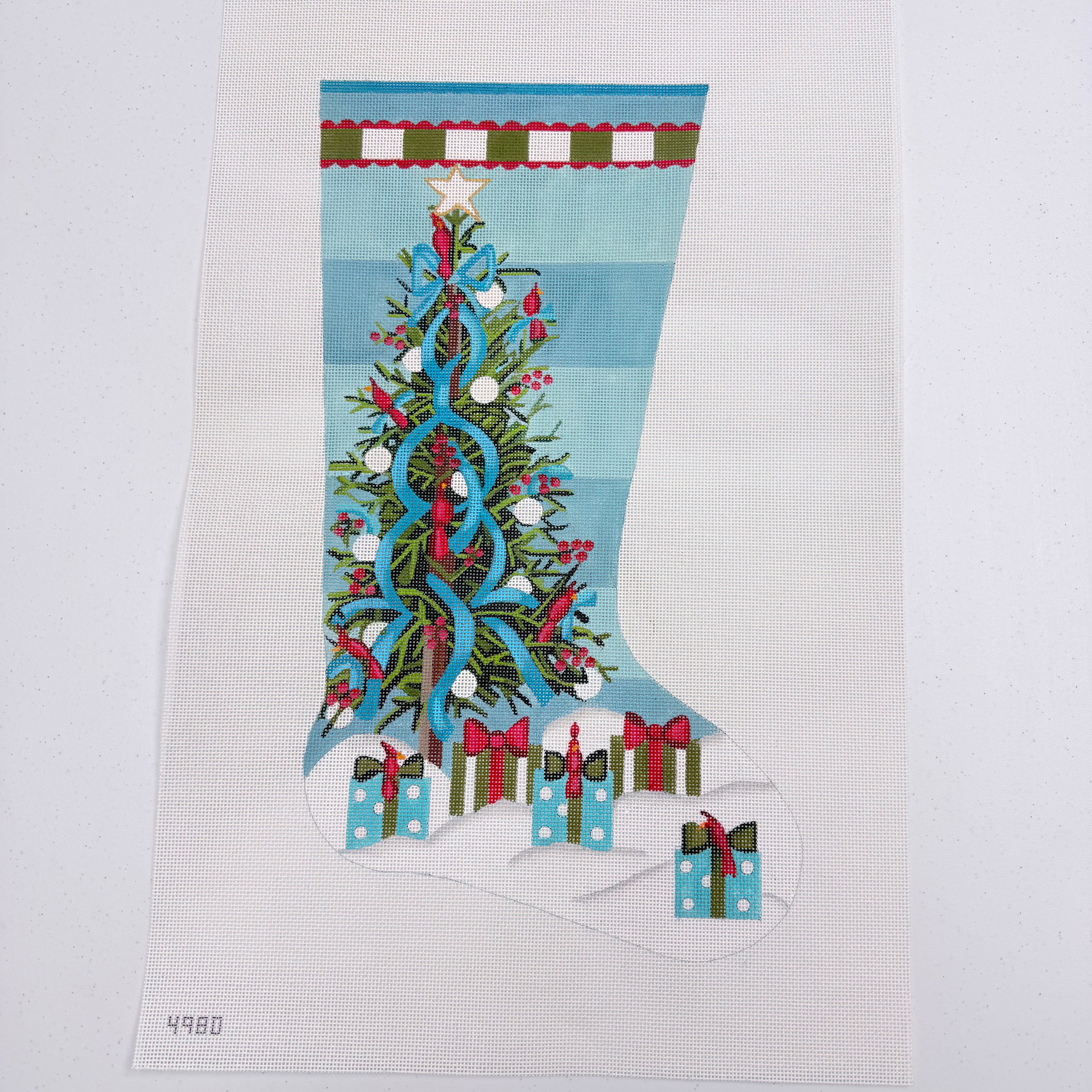 Teal Christmas Tree with Cardinals Stocking Canvas - KC Needlepoint