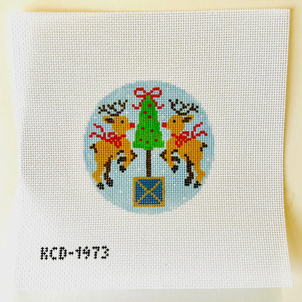 Rudolph with Topiary Blue Canvas - KC Needlepoint