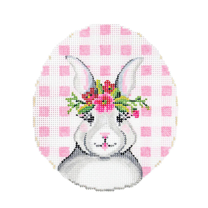 Bunny with Flower Crown on Pink Gingham Canvas - KC Needlepoint
