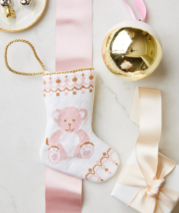 Bear-y Christmas in Pink Bauble Stocking - KC Needlepoint