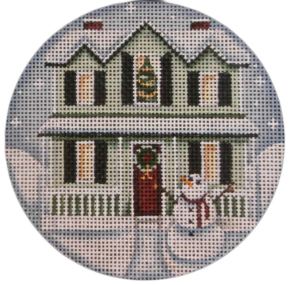 Green Christmas House Round - needlepoint