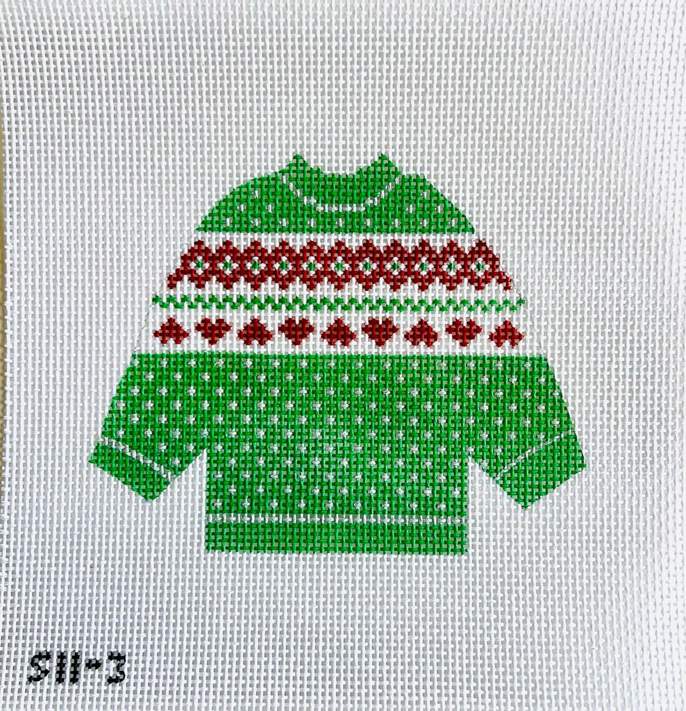 Green and Red Hearts Sweater Needlepoint Canvas - KC Needlepoint