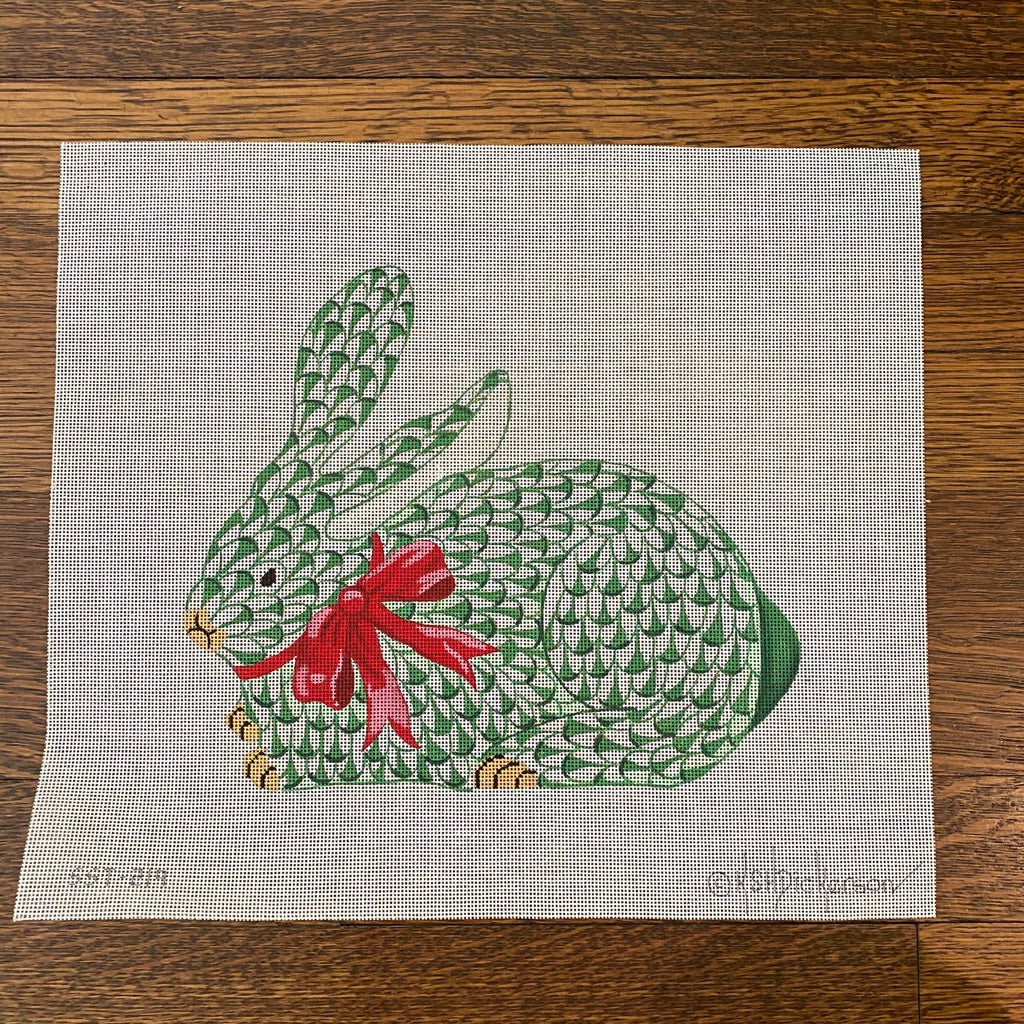 Herend Green Bunny with Red Bow Canvas - KC Needlepoint