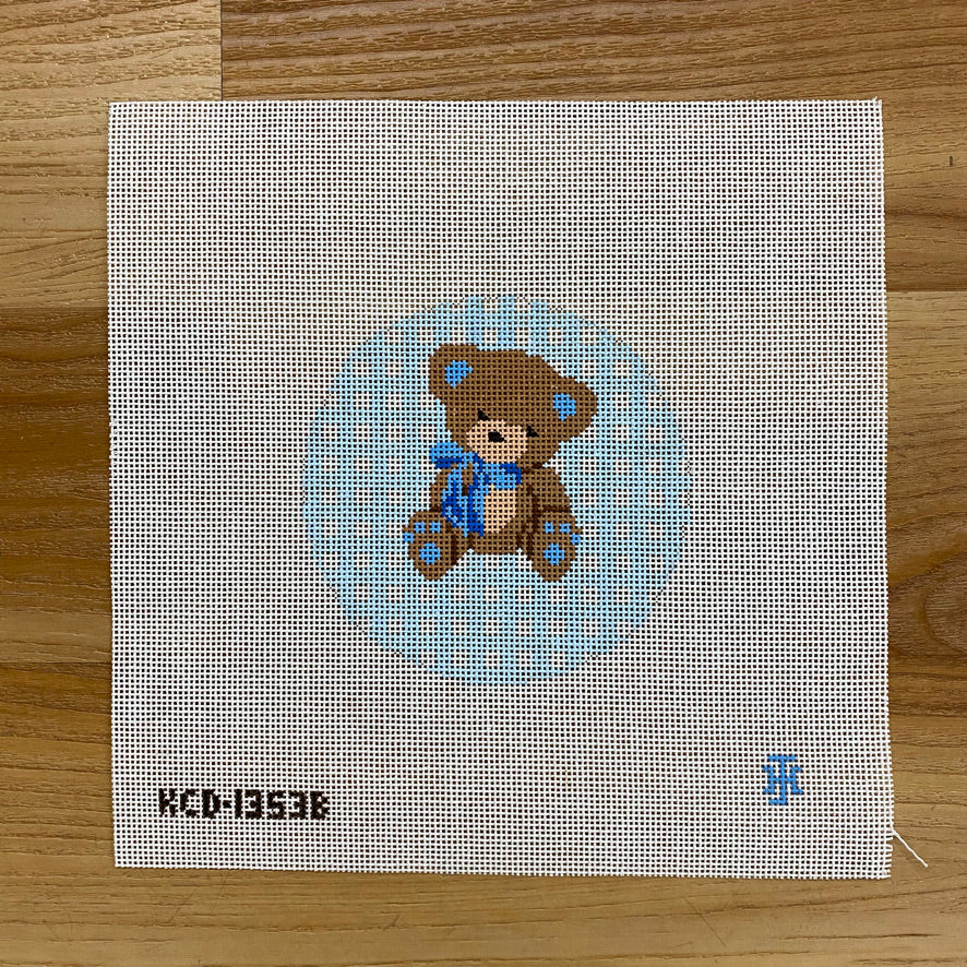 Teddy Bear on Gingham Round Canvas - KC Needlepoint
