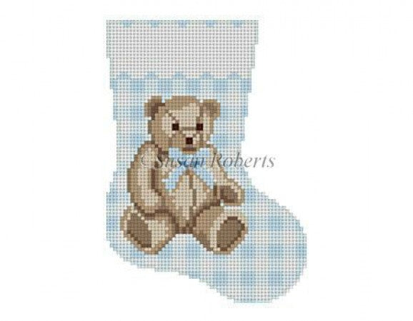 Gingham Teddy Blue Mini Sock Canvas - KC Needlepoint