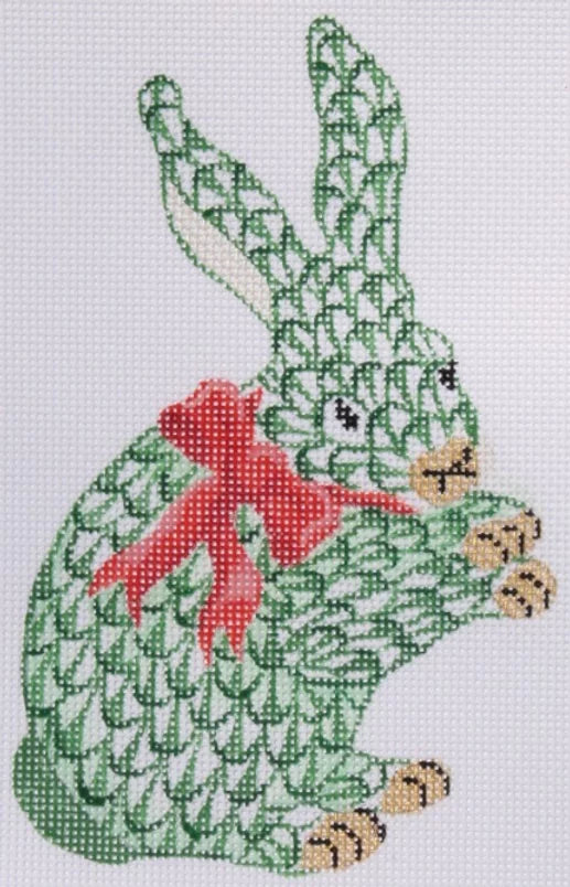 Herend Green Bunny Standing with Red Bow Ornament Canvas - KC Needlepoint