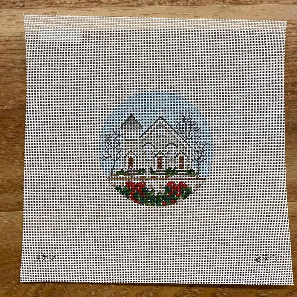 Gray Church Round Canvas - KC Needlepoint