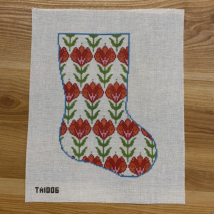Red Flowers Mini Sock Canvas - KC Needlepoint