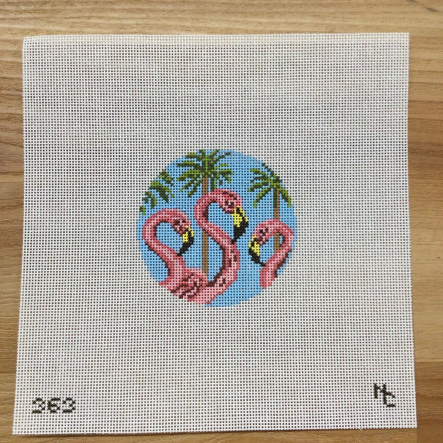 Flamingo Trio Round Canvas - needlepoint