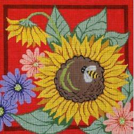 Sunflowers and Bee on Red Canvas - KC Needlepoint