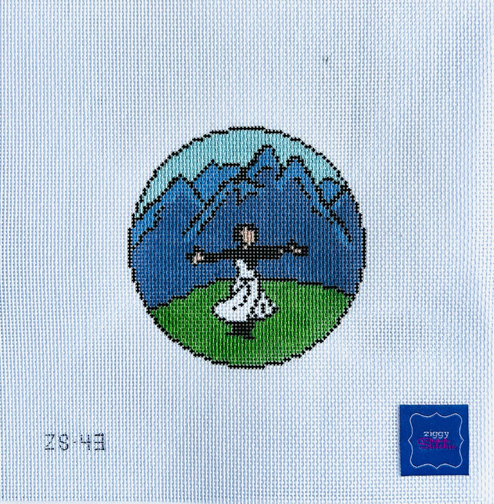 Woman on Mountain Round Canvas - KC Needlepoint