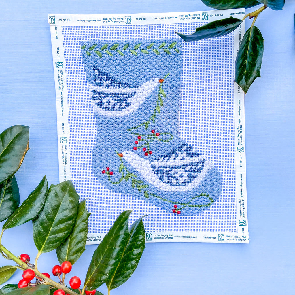 Peace Birds on Blue Ornament Sized Stocking Canvas - KC Needlepoint
