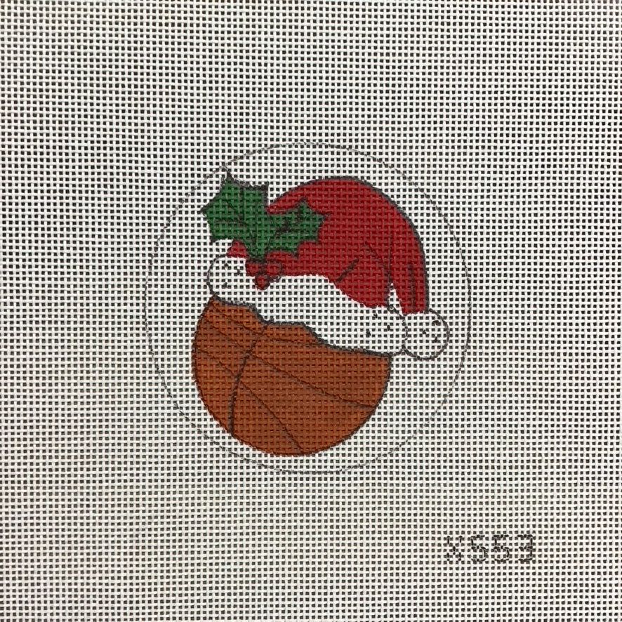 Basketball with Santa Hat Canvas - KC Needlepoint