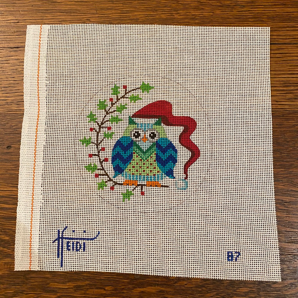 Owl in Santa Hat on Branch Canvas - needlepoint