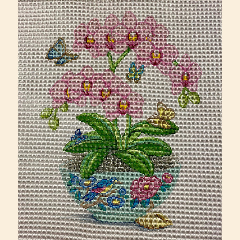 Pink Orchids in Vase Canvas - KC Needlepoint