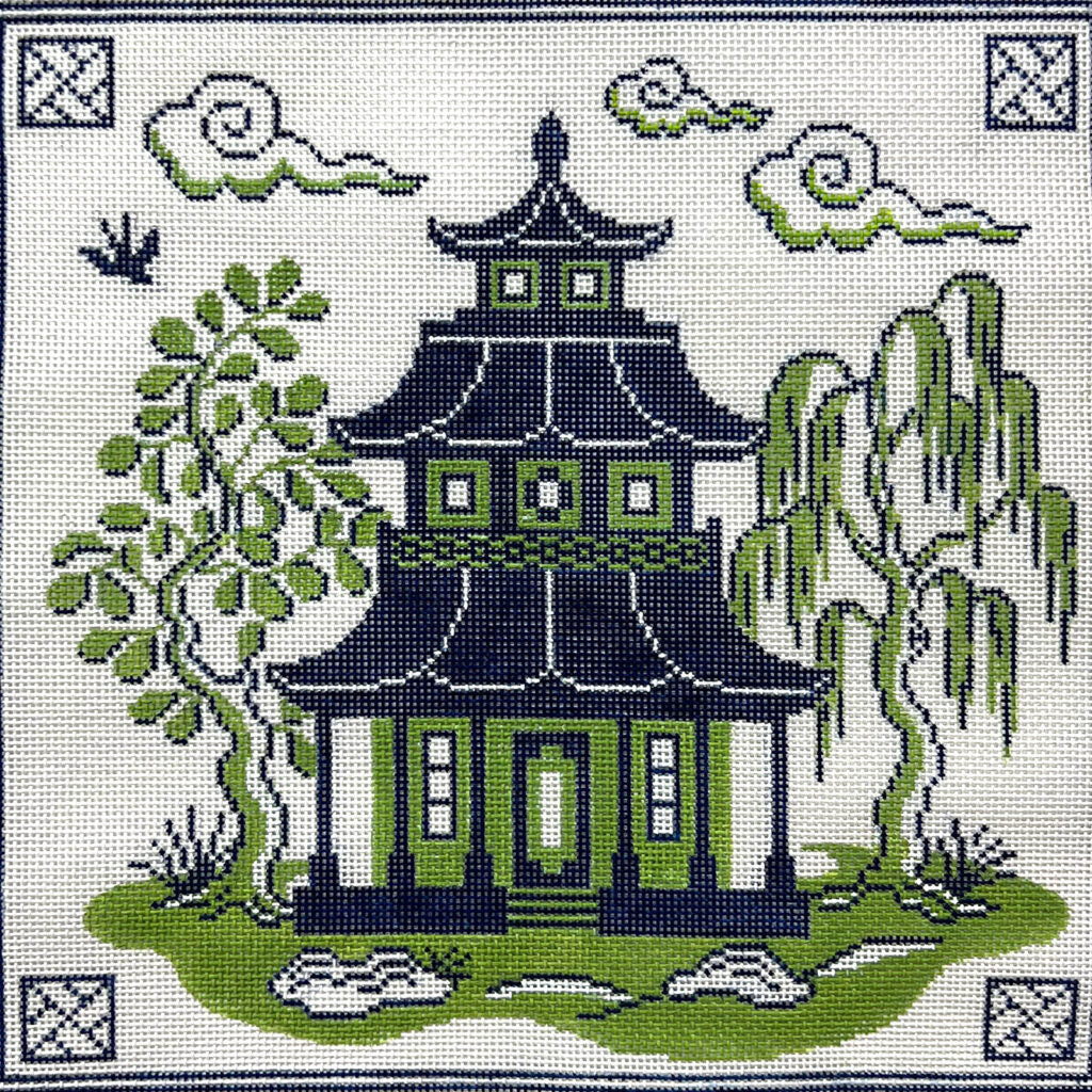 Blue and Green Pagoda Canvas - KC Needlepoint