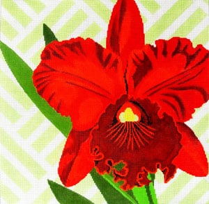 Red Orchid on Green Canvas - KC Needlepoint