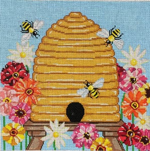 Bee Skep with Zinnias Canvas - KC Needlepoint