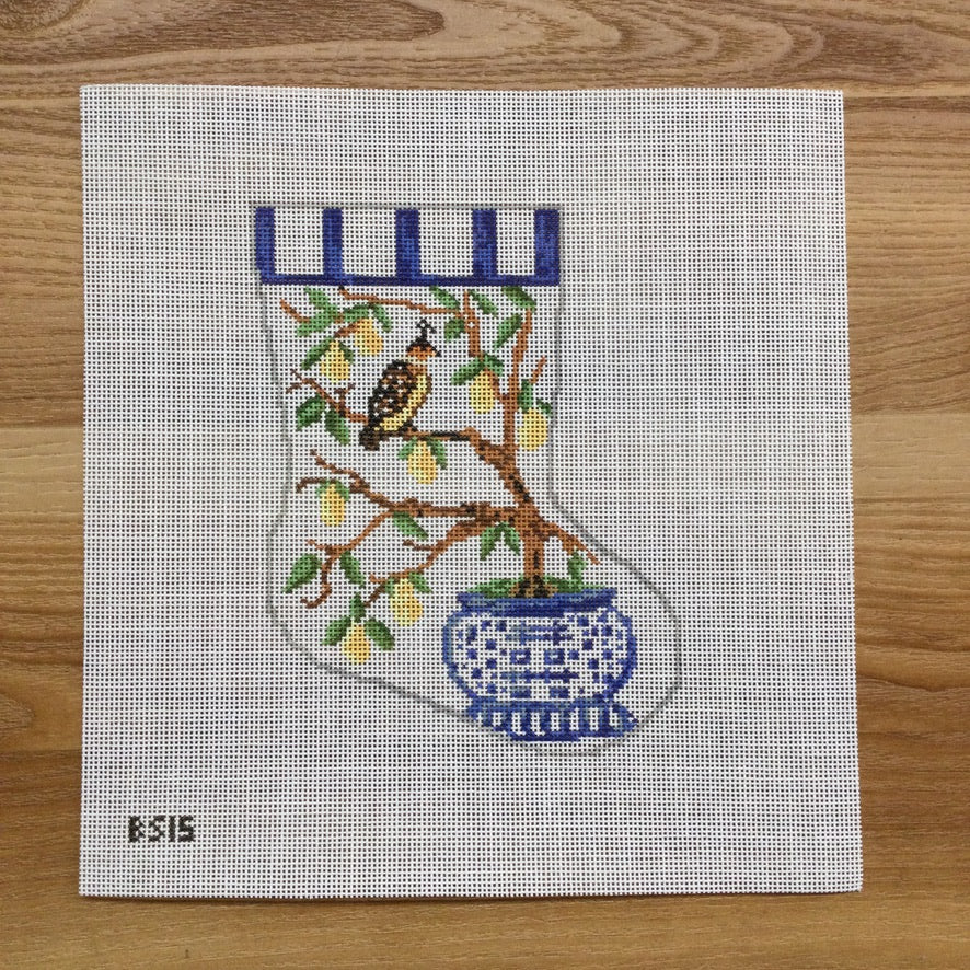Partridge in a Pear Tree Ornament Sized Stocking Canvas - KC Needlepoint