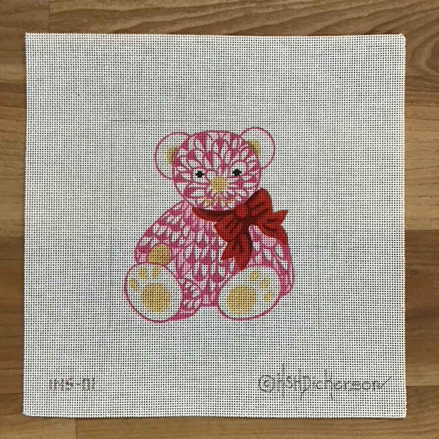 Herend Pink Bear Red Bow Needlepoint Canvas - KC Needlepoint