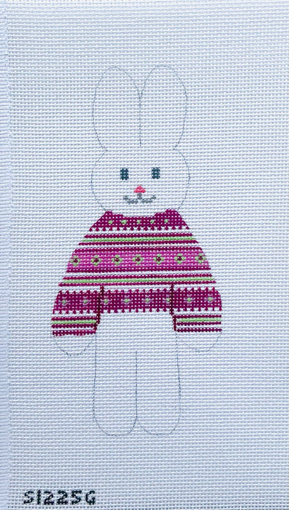 Pink and Green Sweater Bunny Needlepoint Canvas - KC Needlepoint