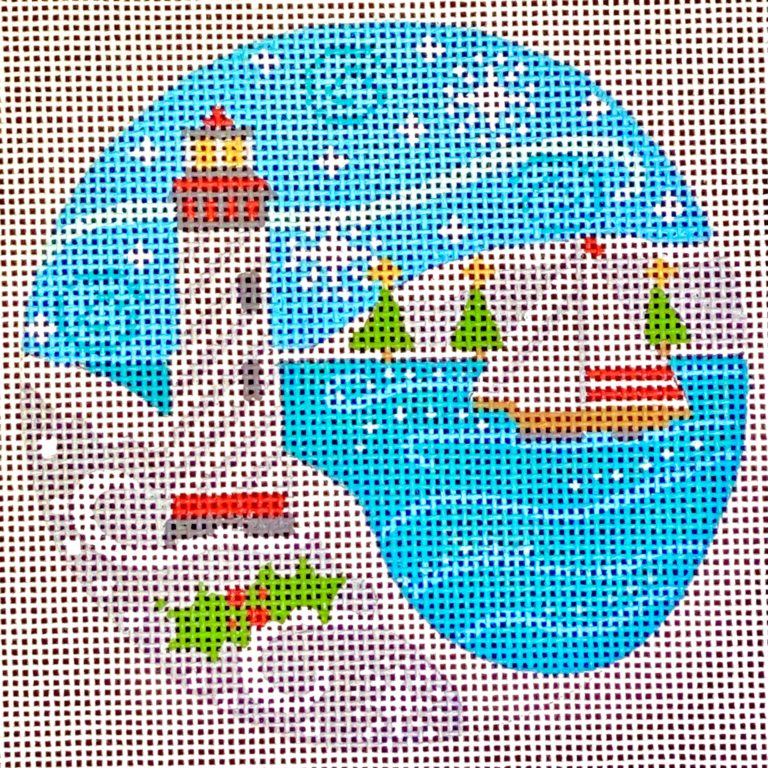 Gray and White Lighthouse Round Canvas - KC Needlepoint