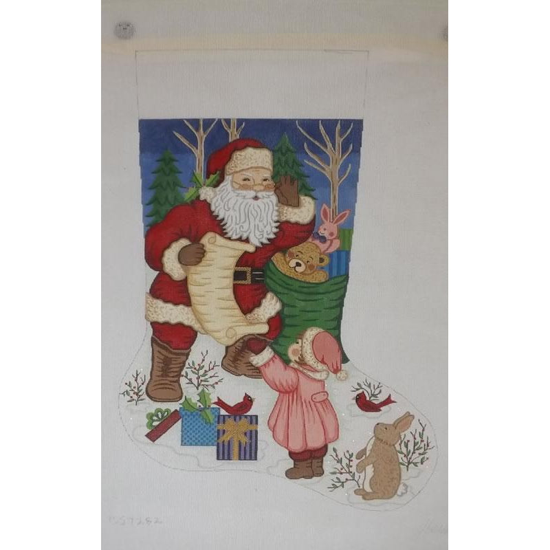 Santa with List Girl Stocking Canvas - KC Needlepoint