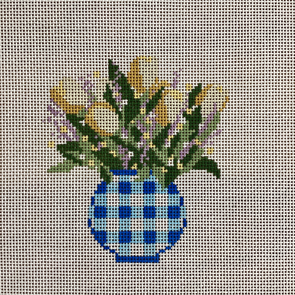 Flowers in Blue Gingham Vase Canvas - KC Needlepoint