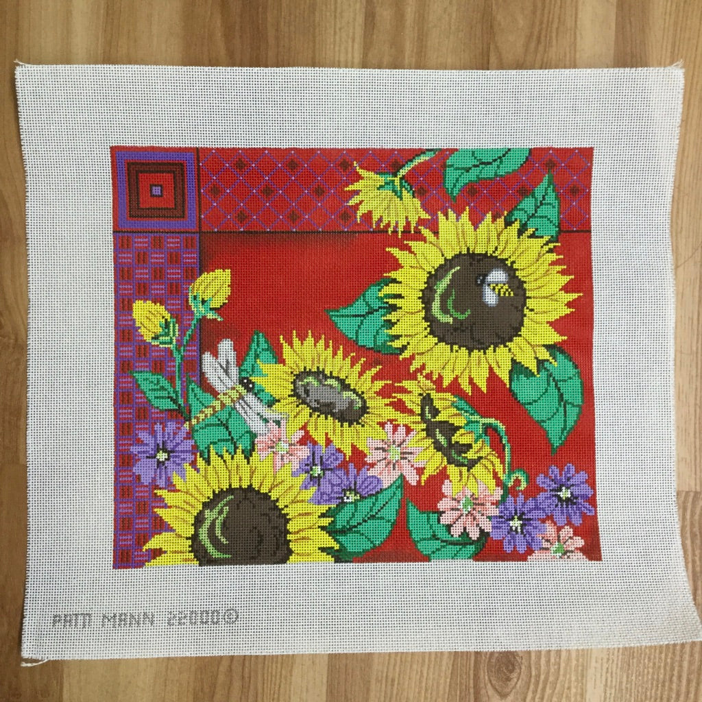Sunflowers, Dragonfly and Bee on Red Canvas - KC Needlepoint