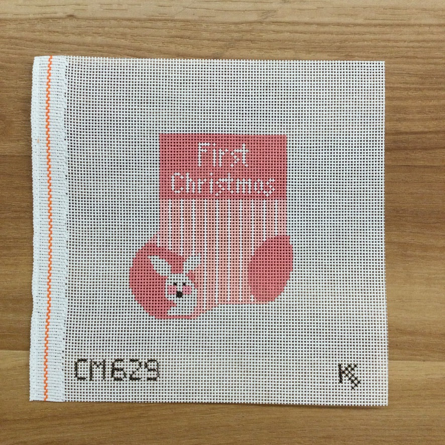 Baby's First Christmas Pink Mini Sock Canvas - needlepoint