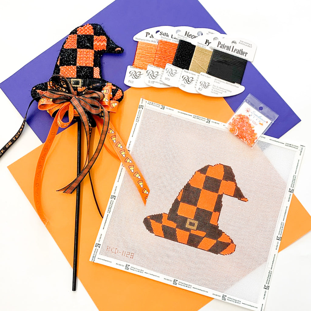 Orange and Black Check Witch's Hat Kit - KC Needlepoint
