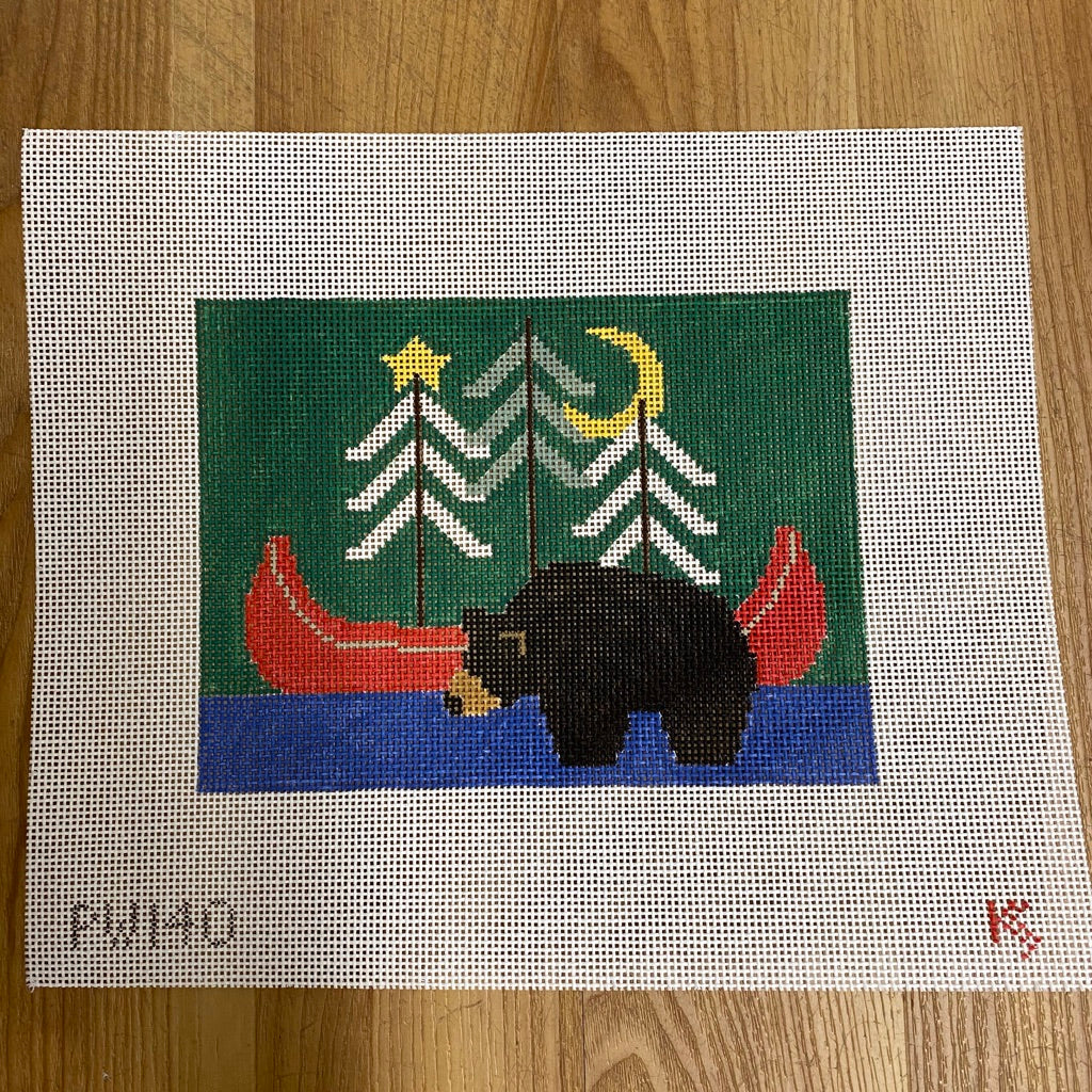 Bear with Red Canoe Pillow Canvas - needlepoint