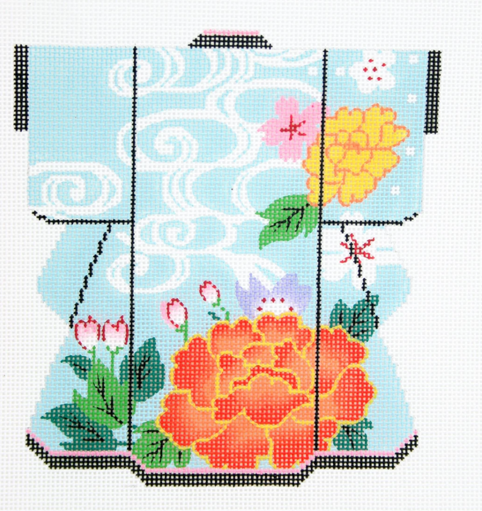 Warm Flowers on Blue Medium Kimono Canvas - KC Needlepoint