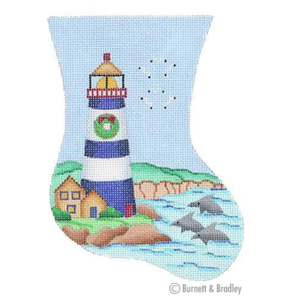 Blue and White Lighthouse Mini Sock Needlepoint Canvas - KC Needlepoint
