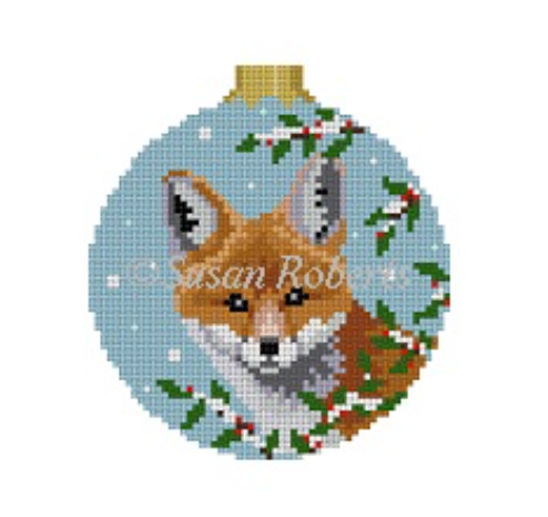 Baby Fox in Holly Round Canvas - KC Needlepoint