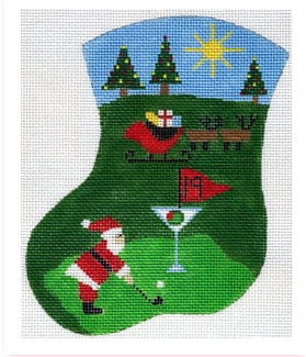Golf Scene Santa Mini Sock Canvas - KC Needlepoint