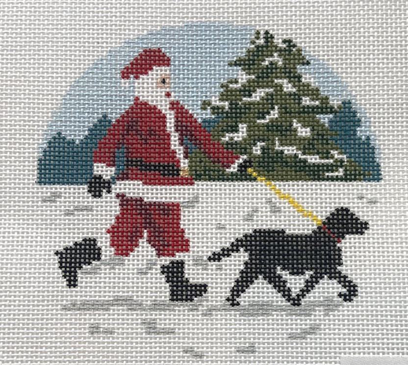 Black Lab Dog Walker Santa Canvas - KC Needlepoint